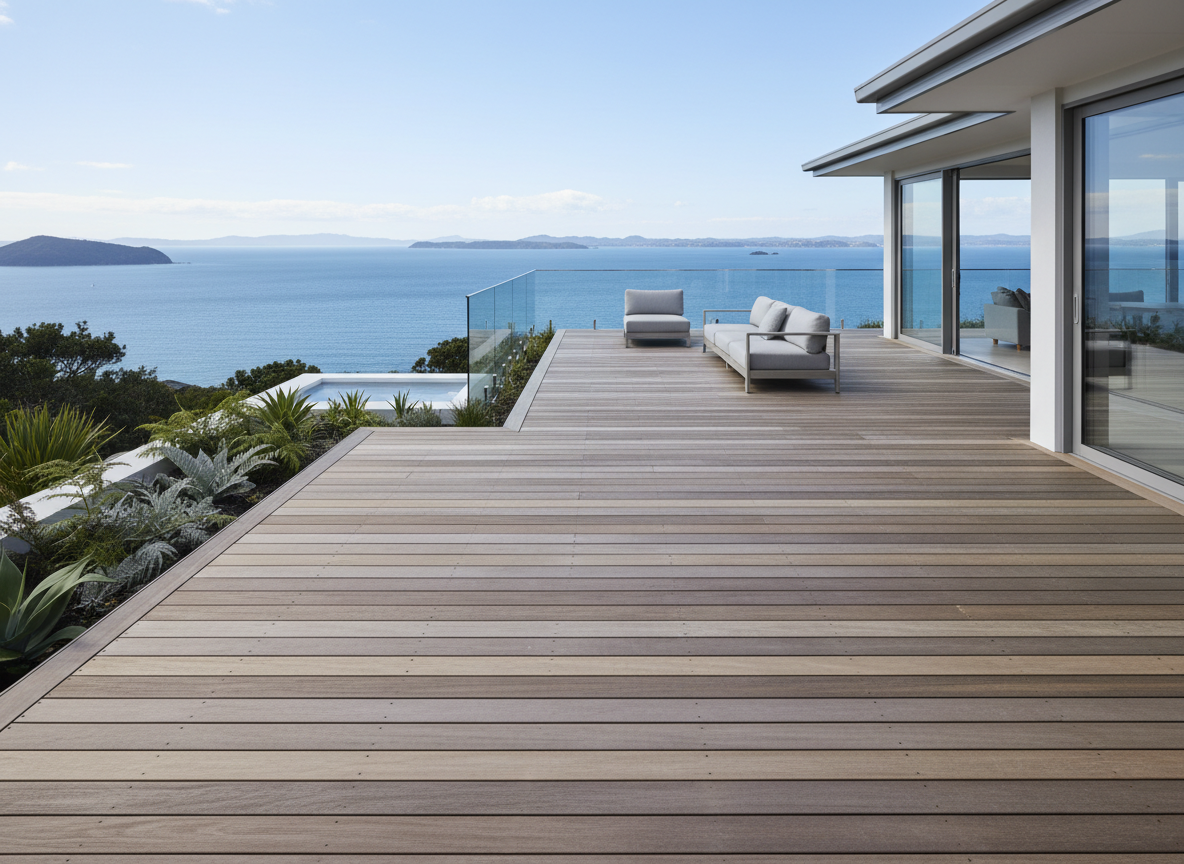 Coastal WPC decking terrace overlooking the harbour in Auckland