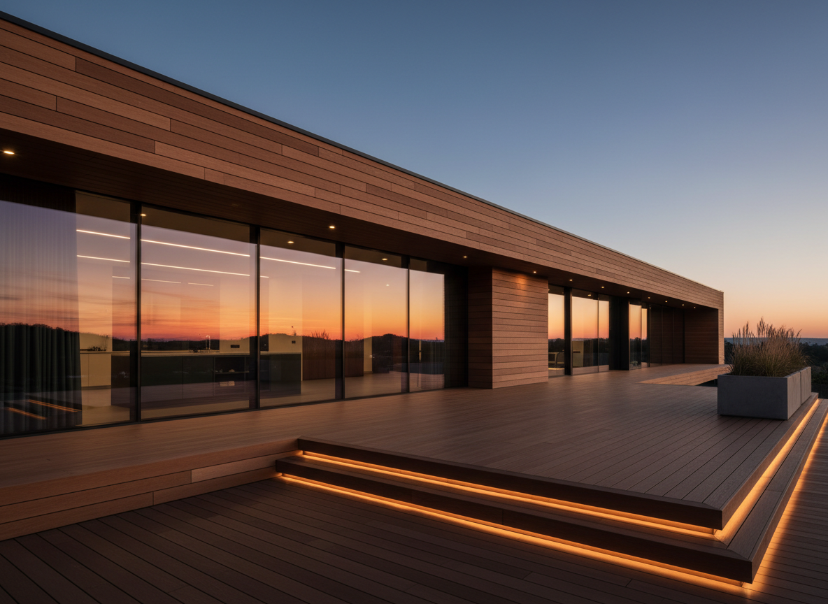 Modern home with WPC composite wood decking and cladding at dusk