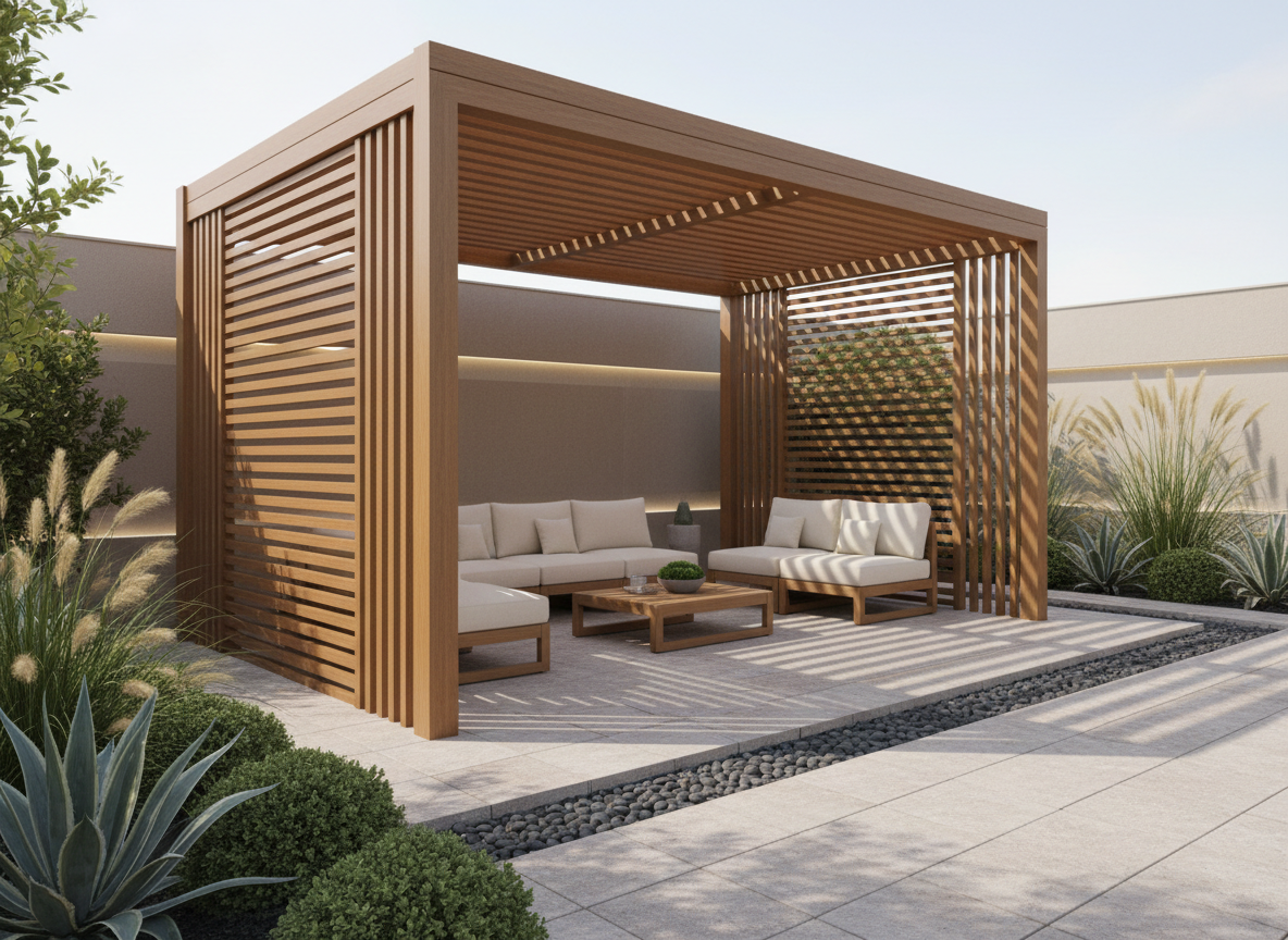 WPC composite pergola structure with privacy screen fencing in a landscaped garden