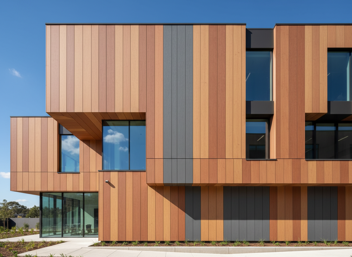 Modern building facade clad in WPC architectural wall cladding panels