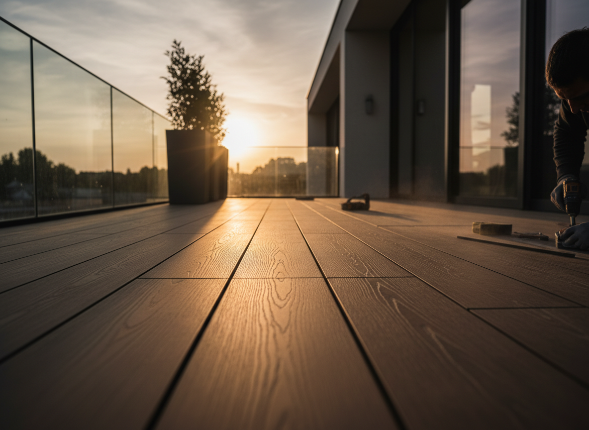 Premium WPC composite decking installation on a modern terrace at golden hour