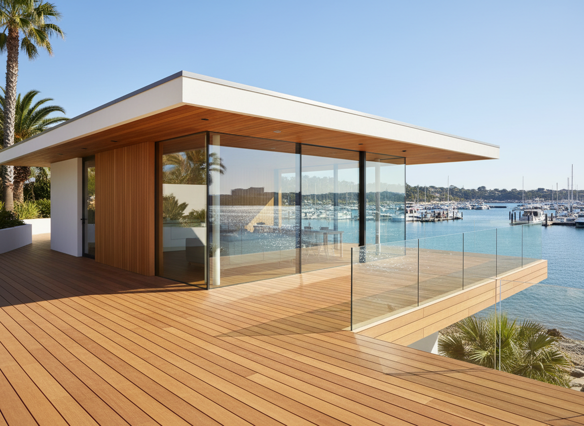 Auckland Harbour House with WPC composite decking overlooking the water