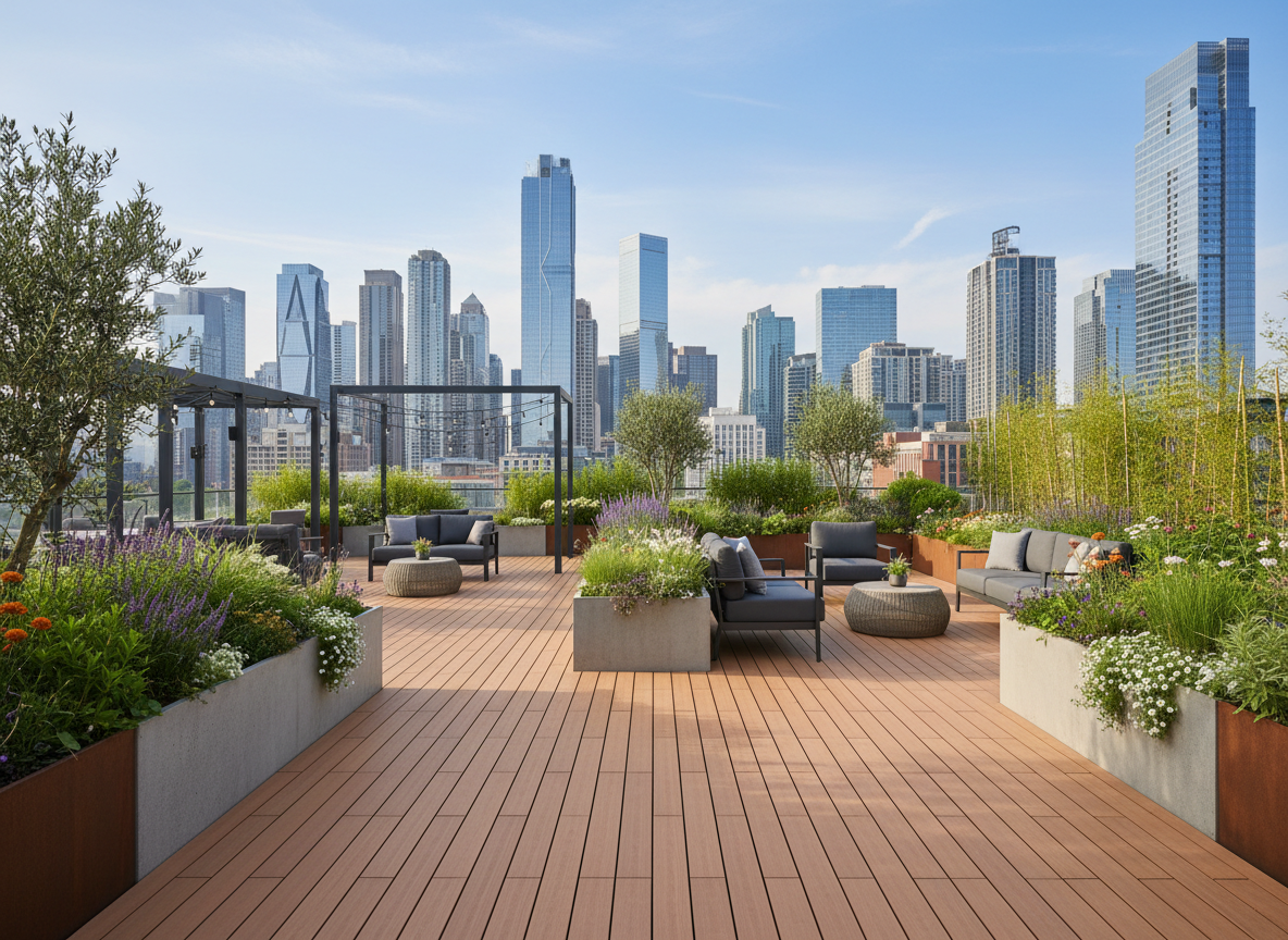 London Rooftop Garden with WPC composite decking and city skyline