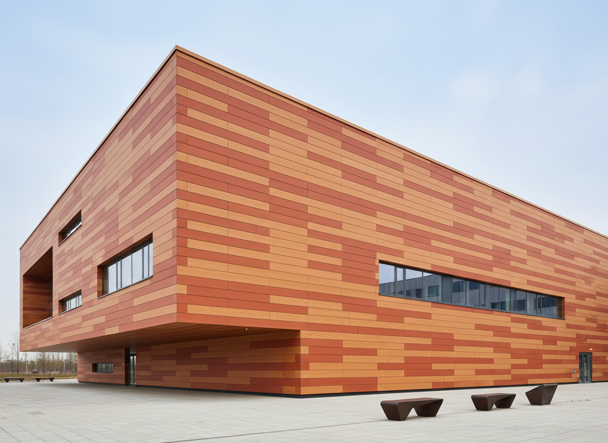 Modern building facade clad in WPC wood composite panels